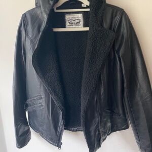 Levi Strauss & Co. (S) fleece lined faux leather bomber jacket w/ hood